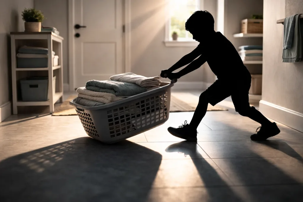 Heavy work is movement that uses muscles and joints with resistance. Many families find it reduces chaos and helps calm bodies.